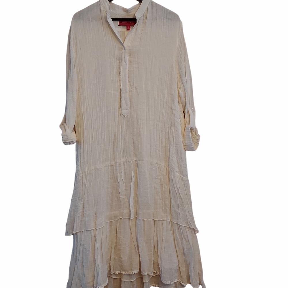 Heidi Merrick Cotton long sleeve button front tiered dress Cream Size Small